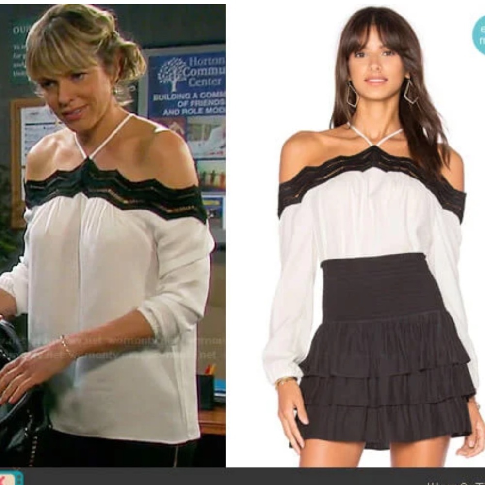 NWT Ramy Brook Sandy Top Off The Shoulder Lace Trim Soft White & Black Size XS